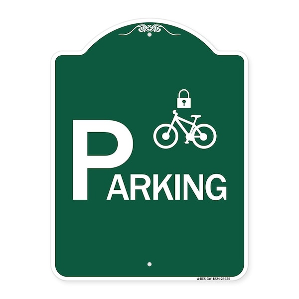 Parking With Cycle and Lock, Green & White Aluminum Architectural Sign, 18" x 24", GW-1824-24625